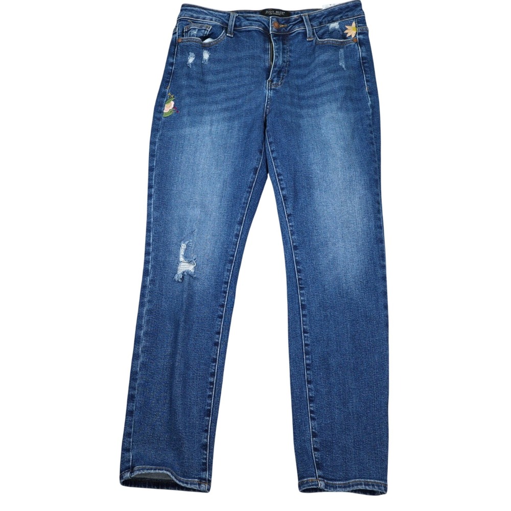 Judy Blue Jeans Women 11/30 Blue Boyfriend Floral‎ Embroidery Distress JB88288MD